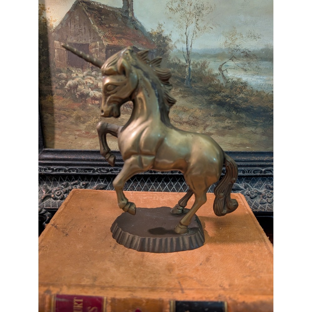 Vintage Solid Brass Rearing Unicorn Figurine Statue 7.5x6 Scalloped Base Decor